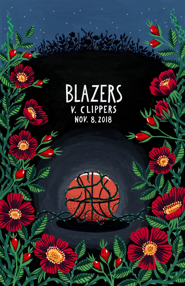 Poster of basketball Blazers vs Clippers game with flowers designed by Lauren Blair