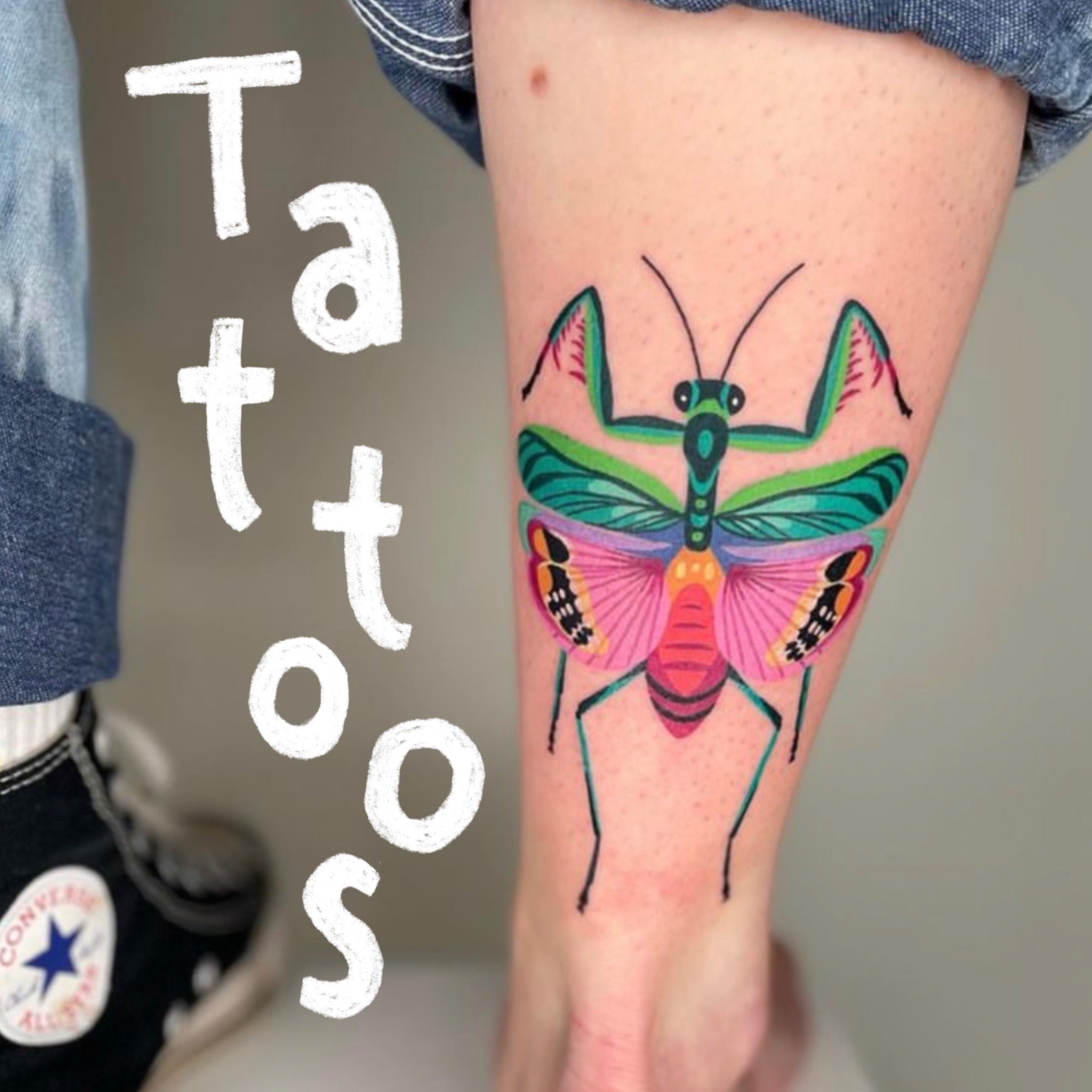 Ankle tattoo of a colorful praying mantis by Lauren Blair