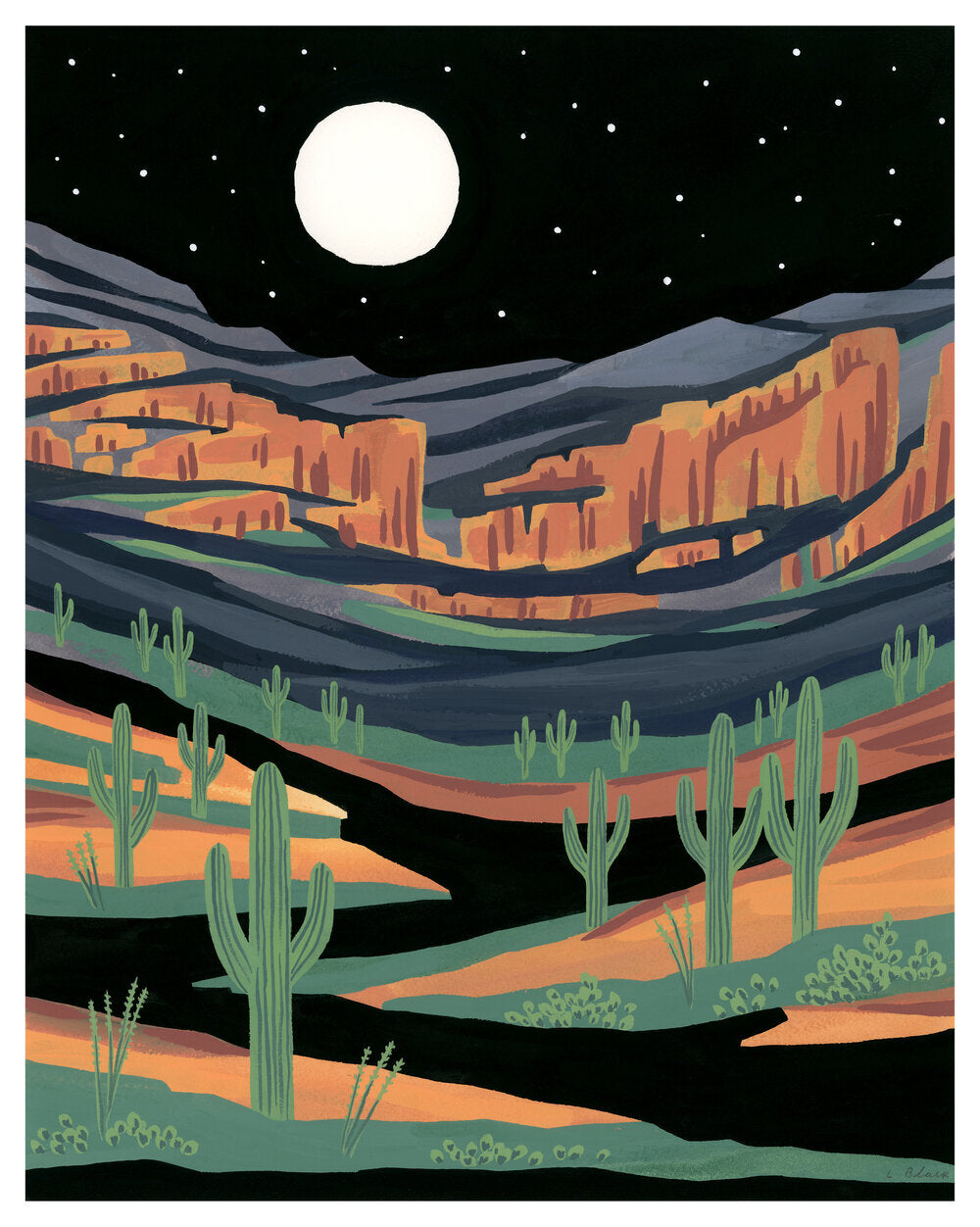 Original painting of the desert at night with cactus