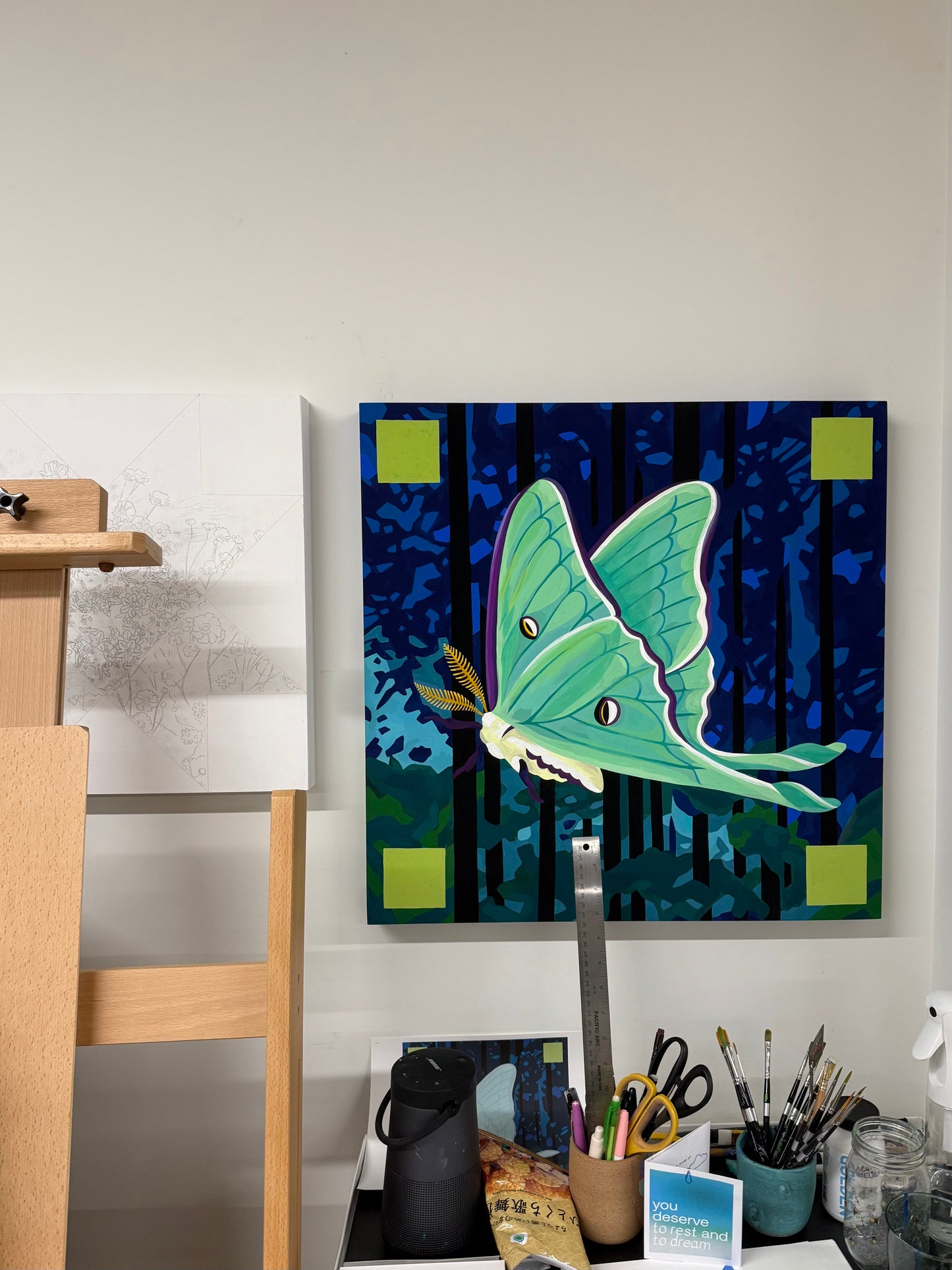 Luna Moth Original Painting on Birch Panel