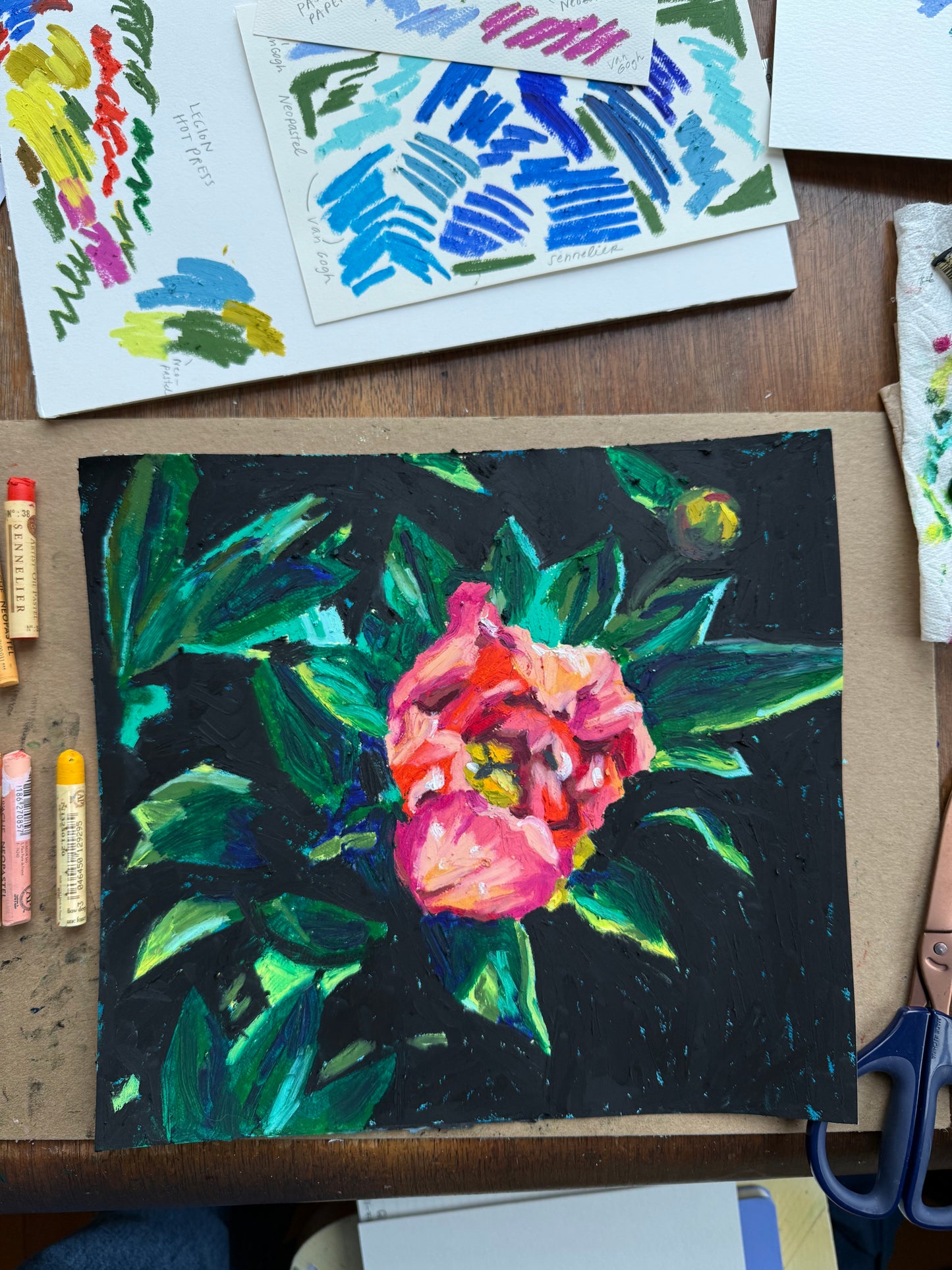 Peony Original Oil Pastel Drawing