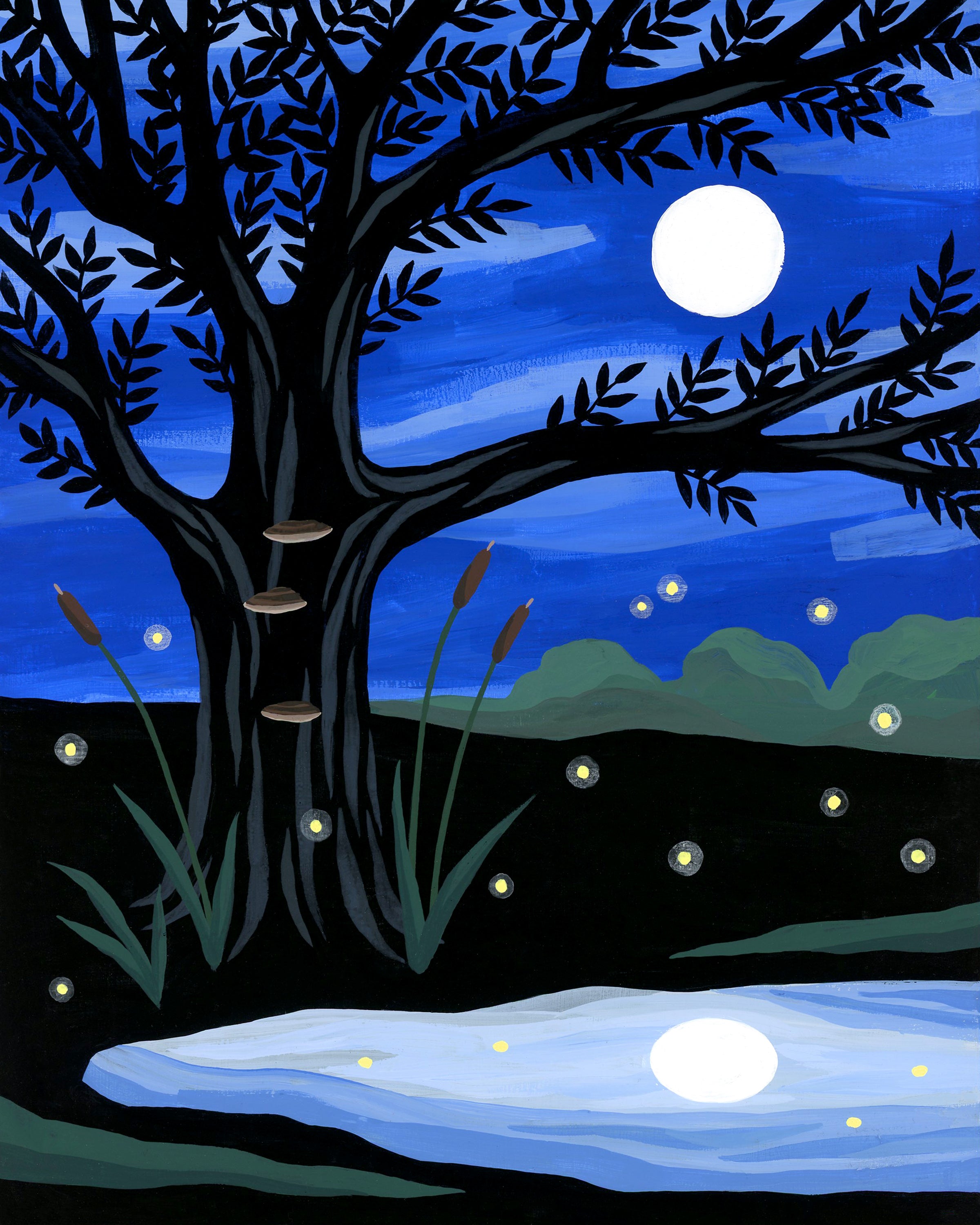 Original painting of fireflies in the moonlight