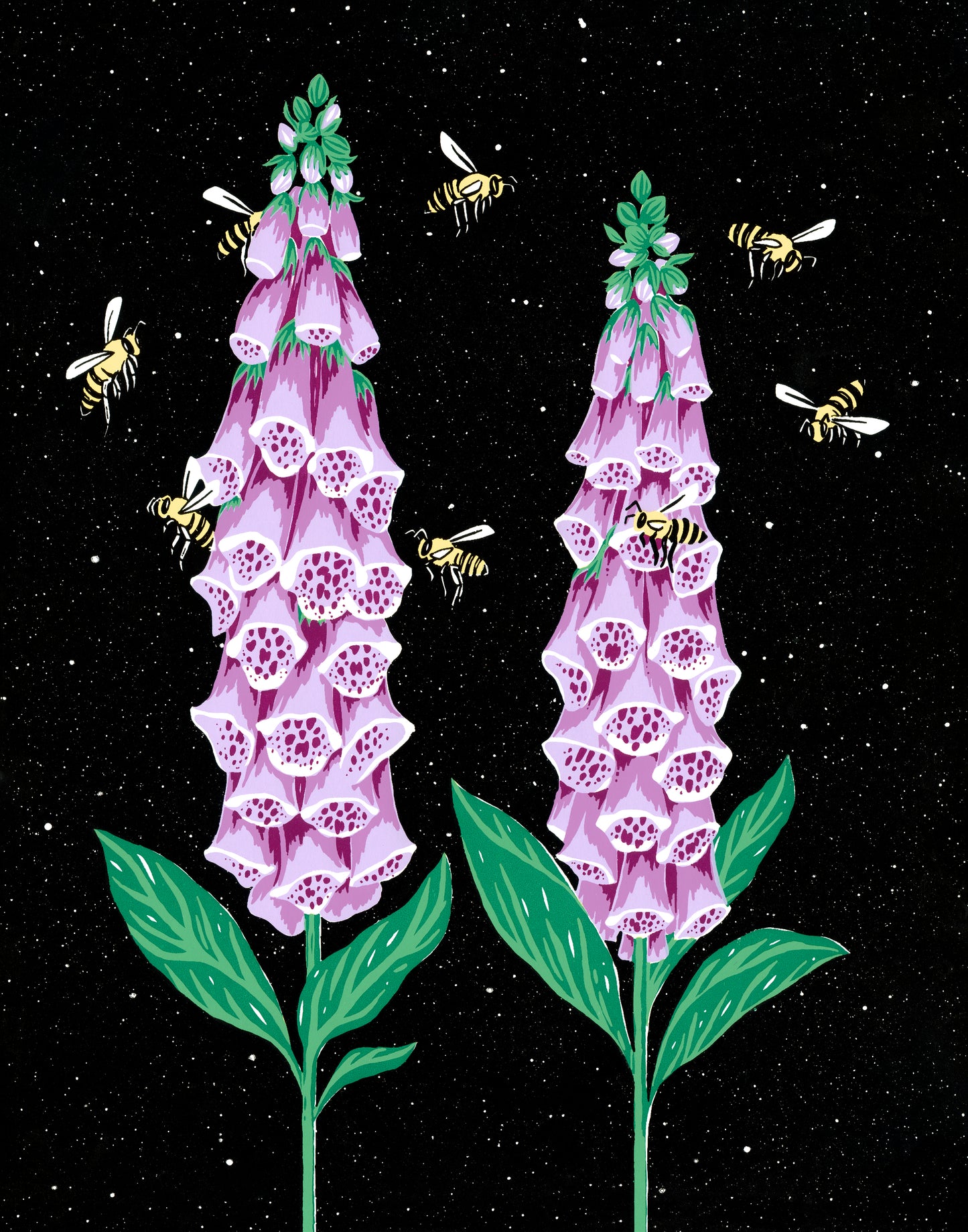 Original painting of foxglove flowers with honeybees