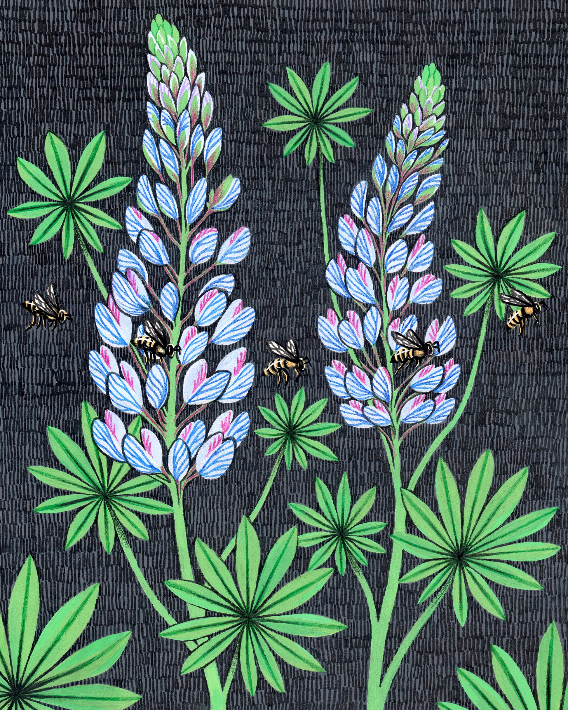 Original painting of lupine and honeybees