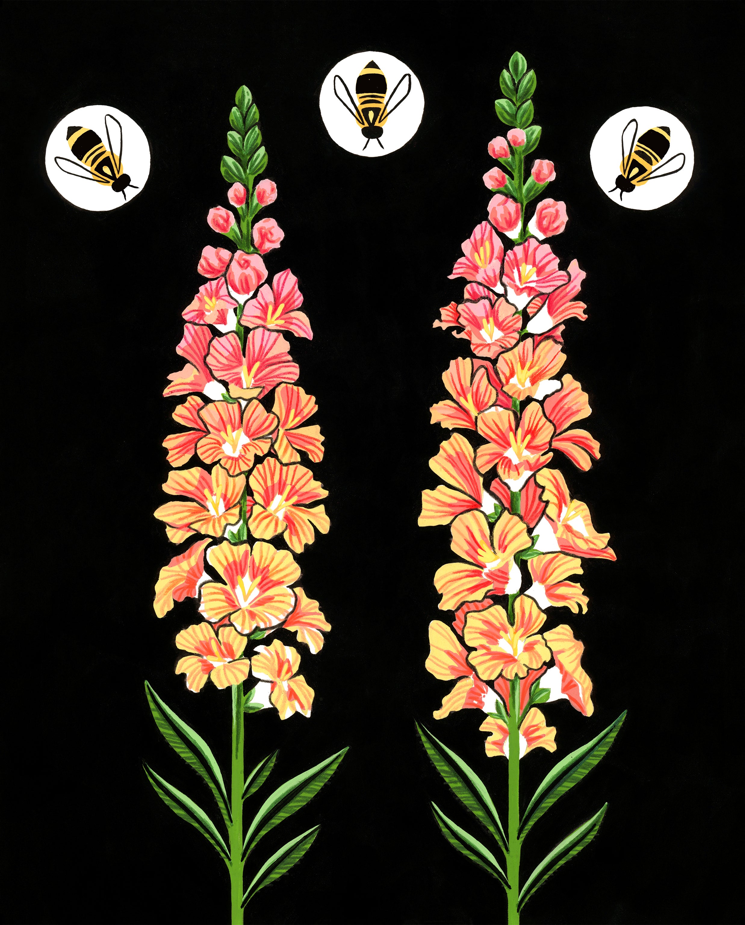 Original painting of honeybees and snapdragons